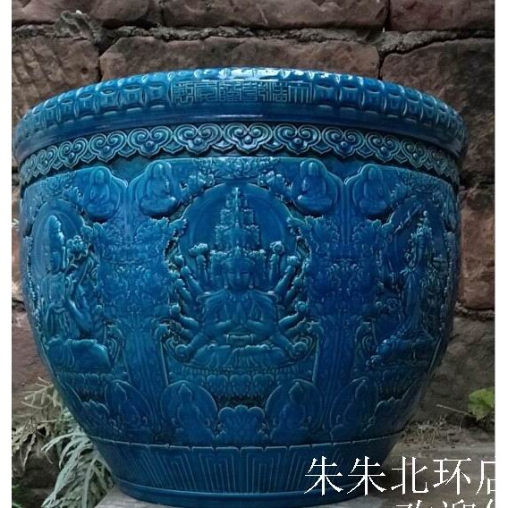 景德镇仿古雕刻大鱼缸做旧蓝色八佛像图风水缸镇宅装饰卷轴书画缸