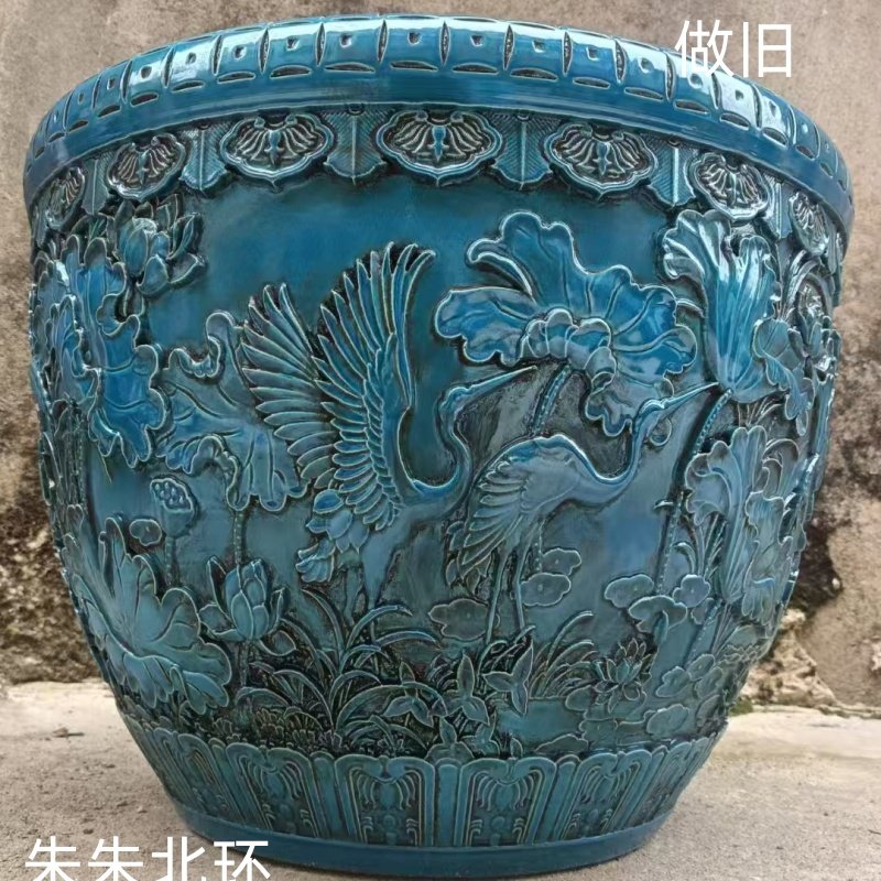 仿古雕刻陶瓷金鱼缸锦鲤荷花缸客厅招财装饰风水收纳缸卷轴书画缸