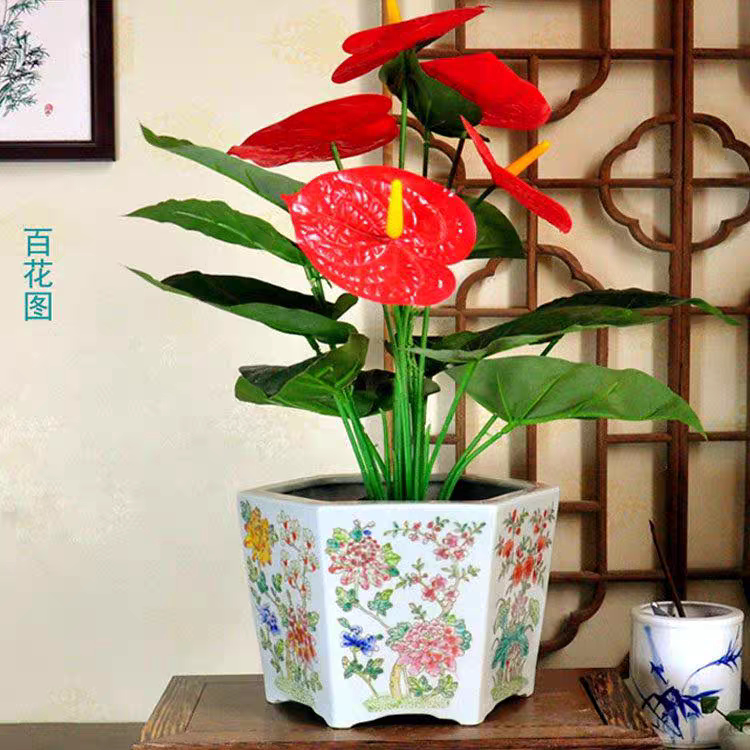 景德镇手绘百花图方形陶瓷花盆