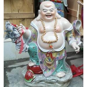 站岩布袋如意弥勒佛像手工粉彩绘陶瓷大肚笑佛家居店铺招财摆件60