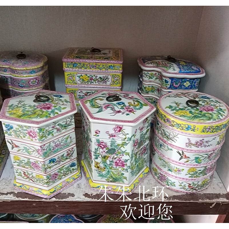 景德镇粉彩多层四层盖盒陶瓷器料理餐具果盒白底花鸟异形食盒凤凰