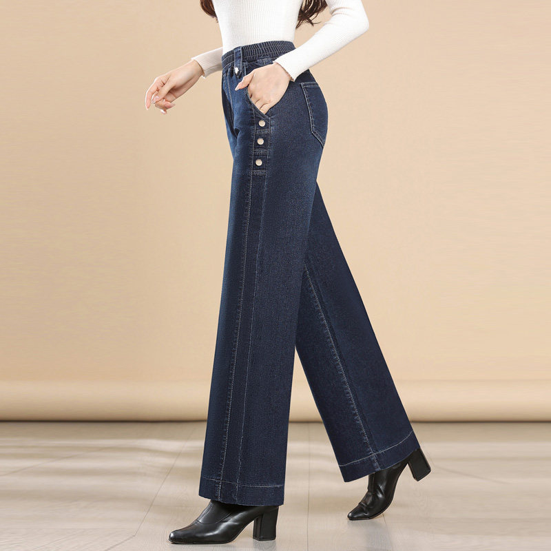 松紧腰阔腿牛仔裤女秋冬加绒高腰宽松显瘦加厚中年妈妈垂感直筒裤