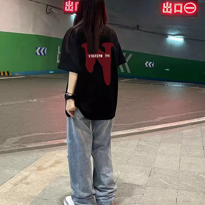 纯棉美式高街黑色短袖t恤女2025新款爆款夏季正肩宽松半袖上衣潮