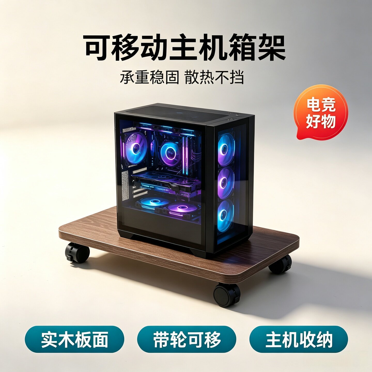 实木带轮主机箱托架散热收纳