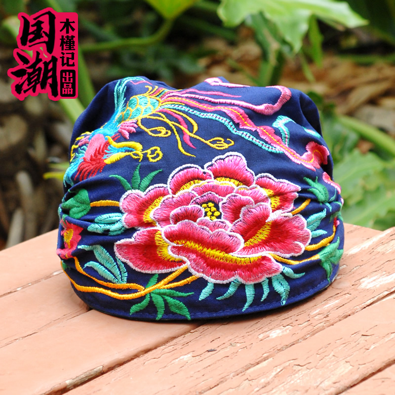民族风凤凰牡丹绣花帽子百搭圆顶弹力包头帽棉麻薄款女士头巾帽子
