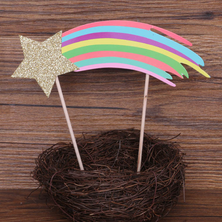 七彩彩虹流星蛋糕装饰插牌 小星星五角星插件 生日婚礼烘焙摆件