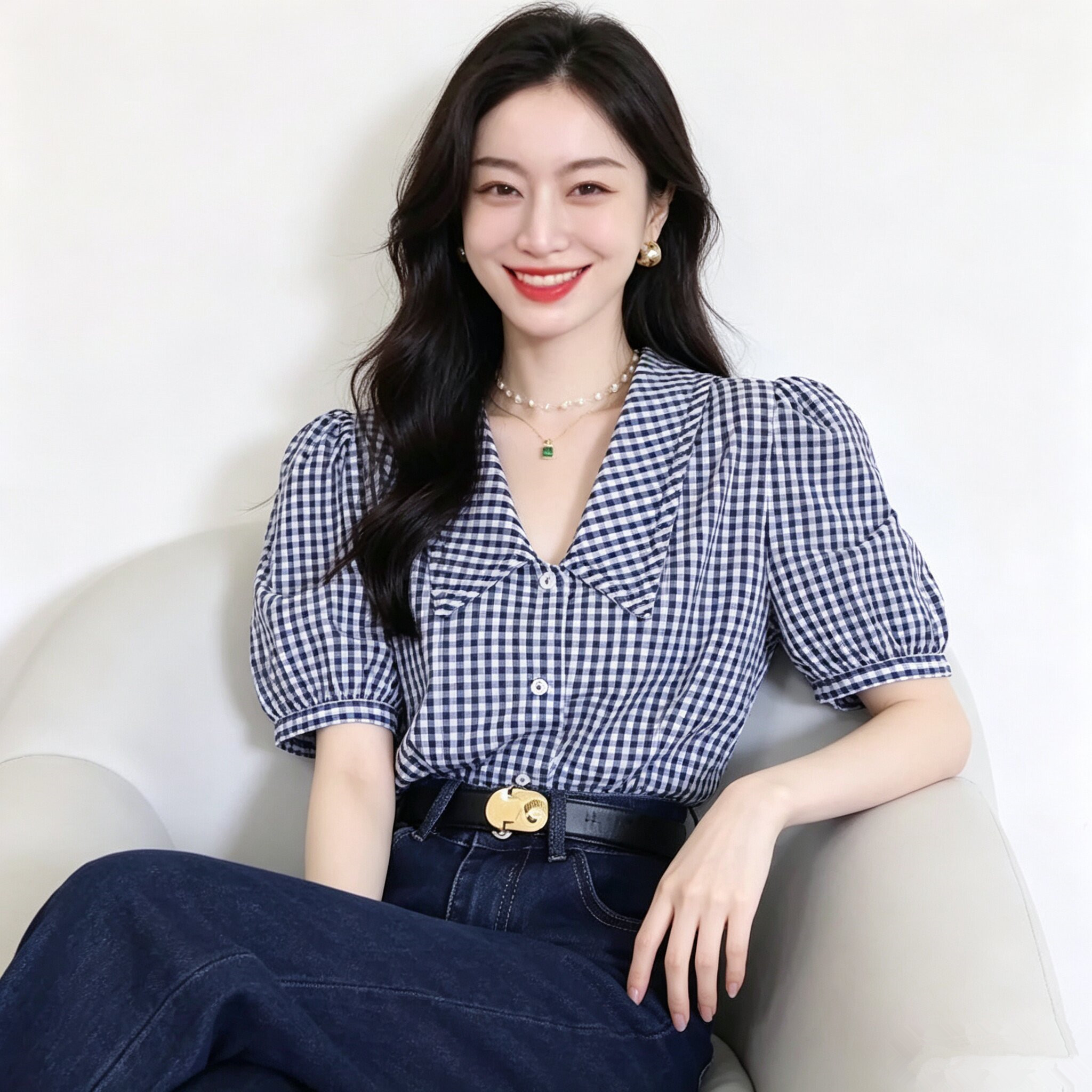 法式气质泡泡袖翻领蓝格子衬衫女2026夏季小个子减龄百搭短袖衬衣