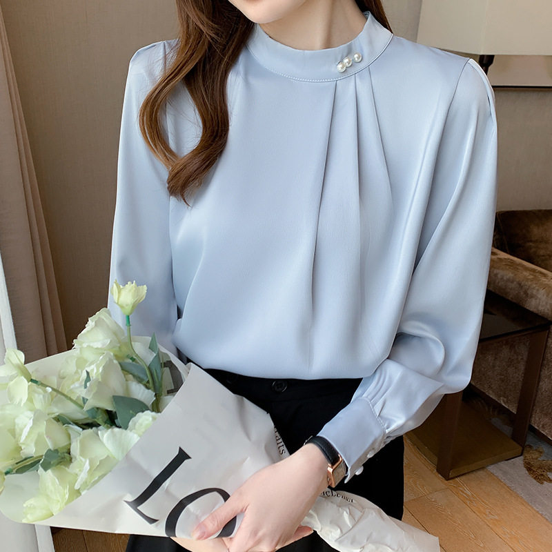 法式轻奢三醋酸缎面衬衫女 立领钉珠褶皱泡泡袖通勤职业正装上衣