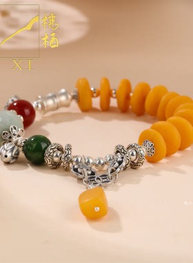 8-9mm天然蜜蜡手链轻奢小众国潮民族风翡翠A货足银竹节手串多宝串