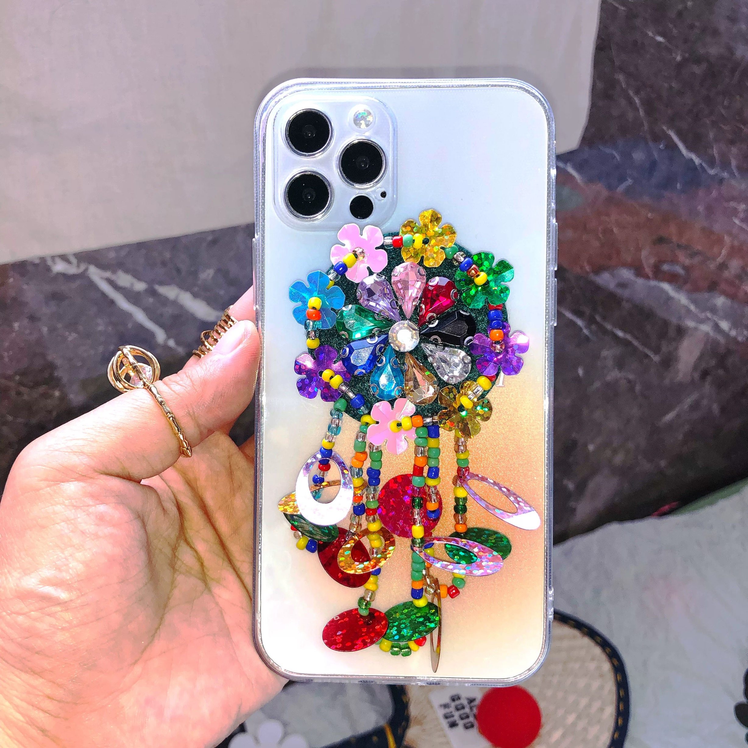 通用宋妍霏同款手机壳支架亮片繁花气囊串珠适用于iphone13promax