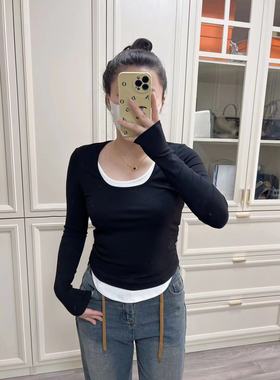 假两件拼接U领长袖T恤辣妹心机圆领纯色打底衫大码显瘦女