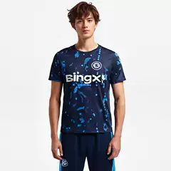 Chelsea 24/25 Short Sleeve Training Jersey Warm-Up Tibetan Blue Fan Version Football Shirt Crew Neck T-Shirt Sports Shorts Men