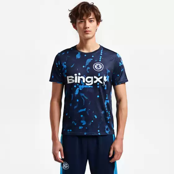 Chelsea 24/25 Short Sleeve Training Jersey Warm-Up Tibetan Blue Fan Version Football Shirt Crew Neck T-Shirt Sports Shorts Men