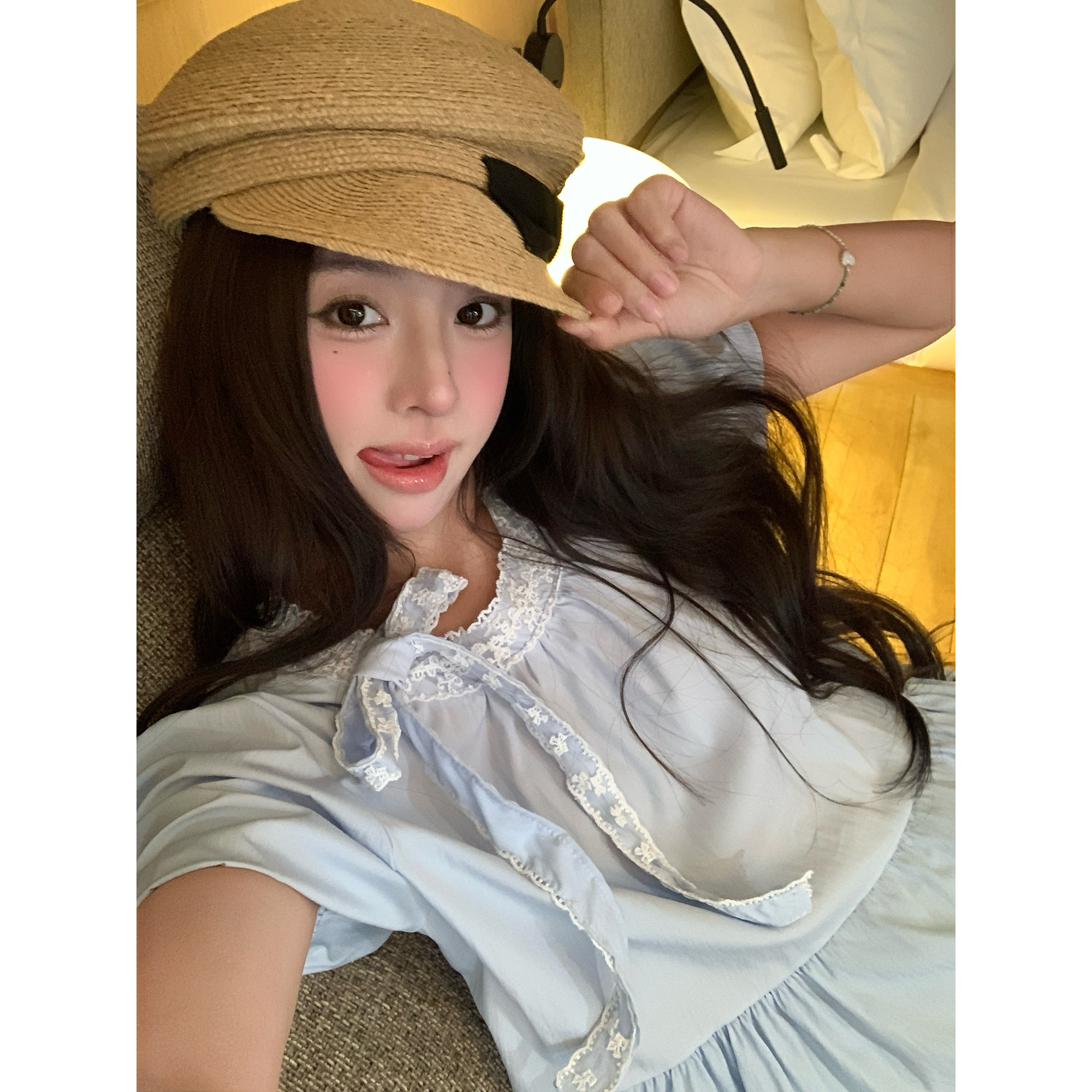 蝴蝶结泡泡袖衬衫绑带衬衣娃娃衫