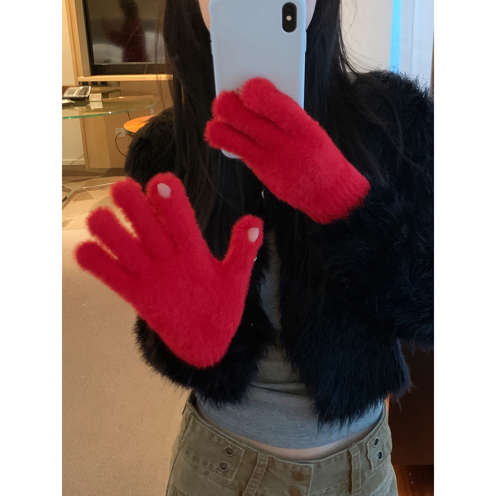 漏两指触屏红色毛绒针织手套冬