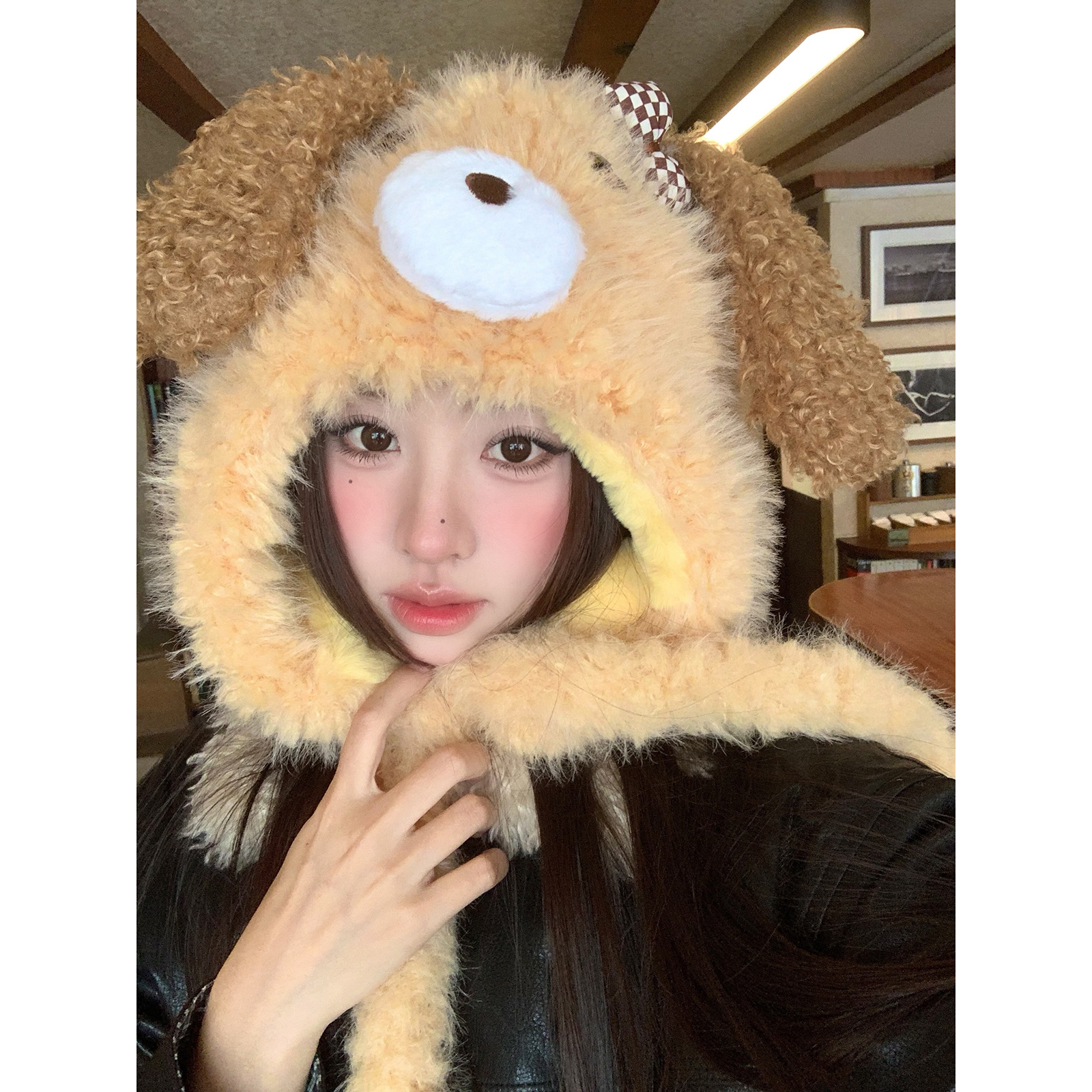 系带雷锋帽卡通小狗护耳毛绒帽