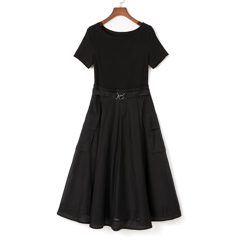 针织A字版中长款圆领拼接剪标