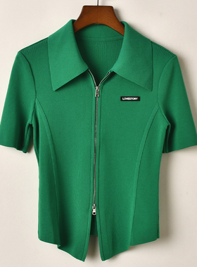 艾诺丝系列韩版百搭修身休闲时尚潮流简约绿色拉链短袖T恤