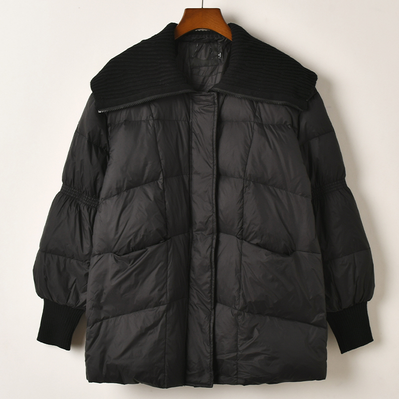 艾诺丝系列黑色翻领针织拼接中长款羽绒服女收腰显瘦保暖外套