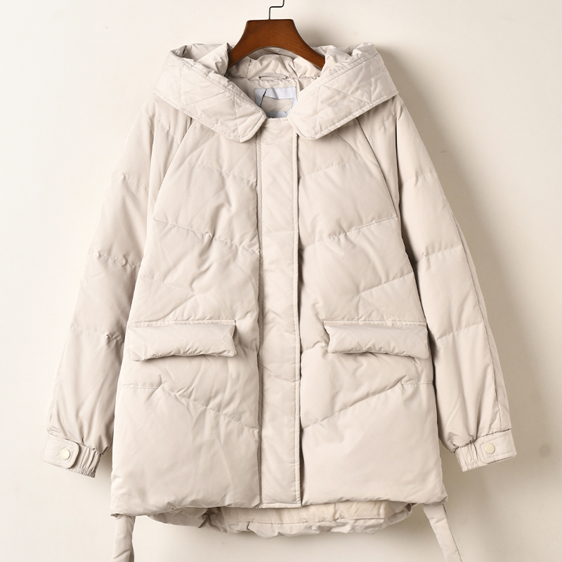 艾诺丝系列品牌休闲风连帽棉服女中长款宽松保暖加厚米白色外套