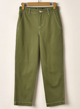 艾诺丝系列简约休闲风高腰宽松显瘦军绿色阔腿冬季百搭长裤