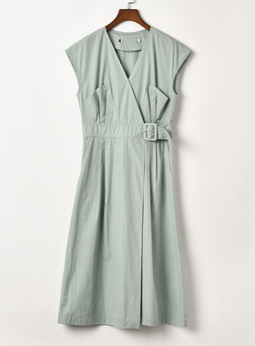 艾诺丝系列品牌折扣特价正品裹裙绿色V领系带设计通勤女士连衣裙