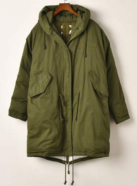 艾诺丝系列军绿色连帽中长款羽绒服女冬季加厚保暖工装风外套