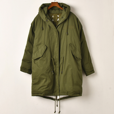 艾诺丝系列军绿色连帽中长款羽绒服女冬季加厚保暖工装风外套