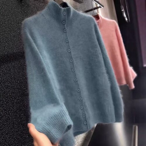 女拉绒山羊绒衫丝羊毛韩版高领开衫宽松立领外套内搭针织衫加厚秋