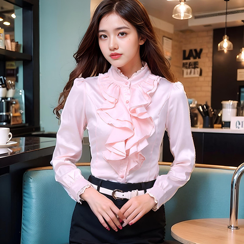 衬衫女长袖春秋新款韩版修身显瘦荷叶边立领上衣淑女花边打底衫