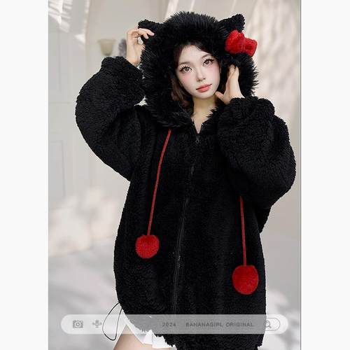 少女可爱猫连帽珊瑚绒睡衣