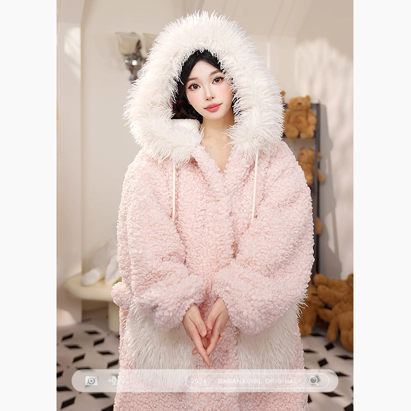 bananagirl珊瑚绒睡衣女冬季加厚连帽长袖可爱毛绒家居服套装保暖