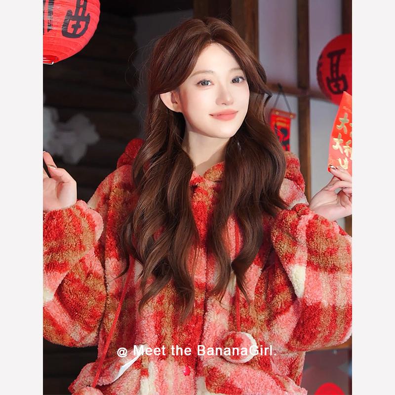 Bananagirl睡衣女套冬季新款加厚保暖红色格子可外穿家居服女套装
