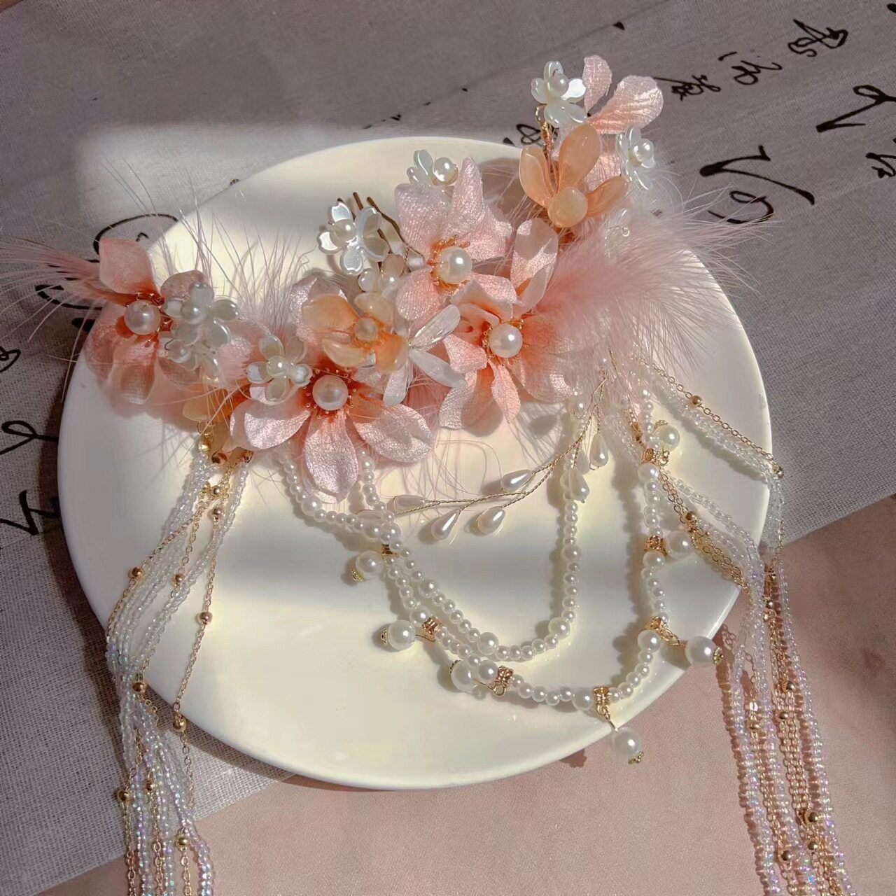 超仙古风汉服头饰绢花羽毛饰品发钗珍珠流苏发簪步摇古装配饰旗袍