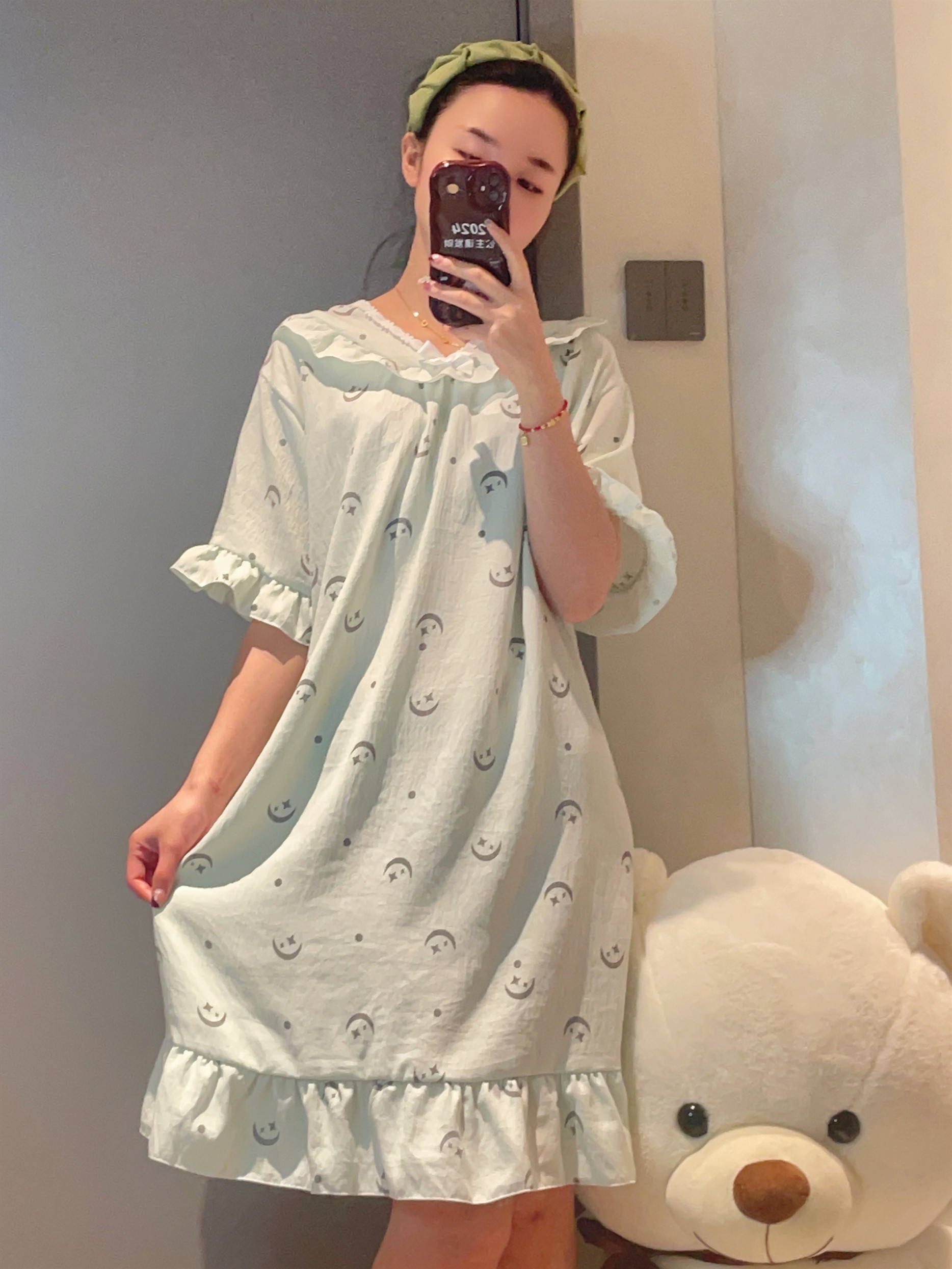 新款夏季女性蕾丝睡衣连衣裙棉大码孕妈妈中袖云朵棉可外穿家居服