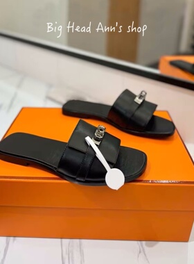 Big Head Ann真皮一字拖女外穿时尚平底金属锁扣凉拖鞋休闲黑色