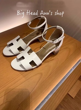 Big Head Ann休闲风白色一字带凉鞋女低跟包头罗马风百搭夏季新款