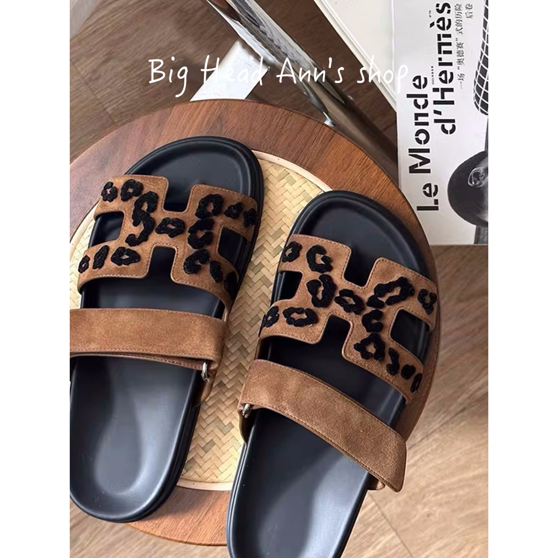 Big Head Ann's shop/豹纹魔术贴凉拖鞋女夏外穿平底真皮一字拖,女鞋,一字拖,淘宝优惠券,粉丝福利购,淘宝优惠卷