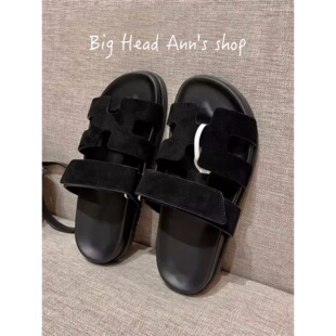 时尚 潮流 休闲风魔术贴一字拖女外穿平跟防滑真皮羊皮凉拖鞋 BHA