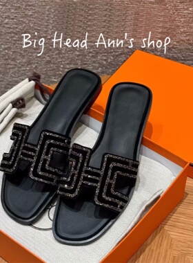 Big Head Ann's shop/真皮亮片夏外穿平跟黑色羊皮拖鞋时尚凉拖鞋