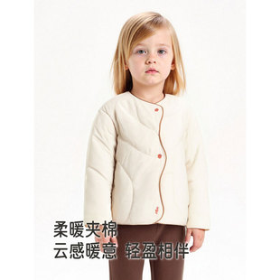 英氏25冬款童装女宝宝童纯棉提花保暖短款夹棉棉服羽绒外套