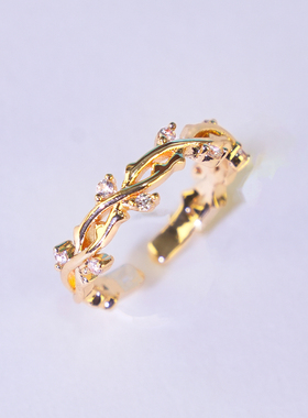 原创设计ins玫瑰藤蔓复古戒指14k包金锆石镶嵌可调节轻奢指环