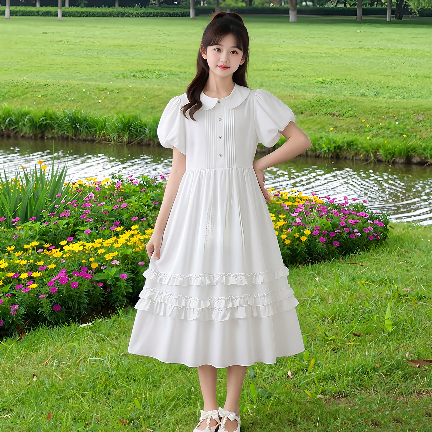 女童白色纯棉连衣裙夏新款高级感泡泡袖公主裙中大童法式优雅长裙