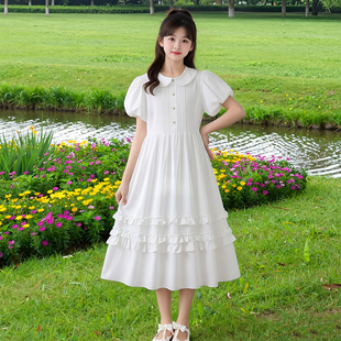 女童白色纯棉连衣裙夏新款高级感泡泡袖公主裙中大童法式优雅长裙