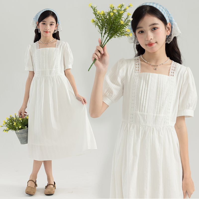 女童白色连衣裙2025夏季新款儿童洋气短袖公主裙大童法式方领长裙