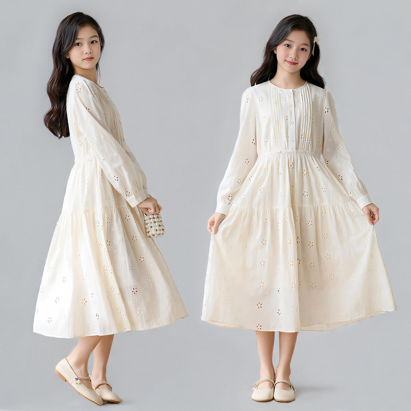 女童法式温柔长袖连衣裙秋季新款纯棉洋气大童女孩文艺刺绣公主裙