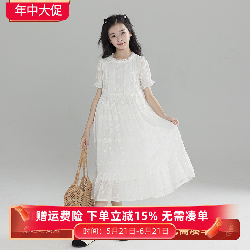 2026夏装女童镂空蕾丝花边连衣裙韩版洋气中大童白色雪纺公主裙子