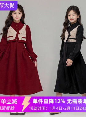 女童秋冬季连衣裙新款法式新年红色加绒公主裙儿童小香风气质裙子