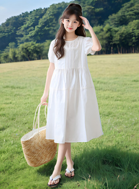 女童白色纯棉连衣裙夏季大童女孩甜美风长裙子中大童泡泡袖公主裙