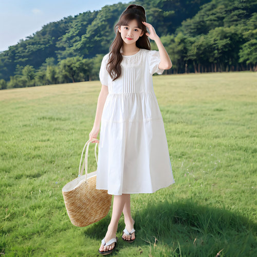 女童白色纯棉连衣裙泡泡袖公主裙